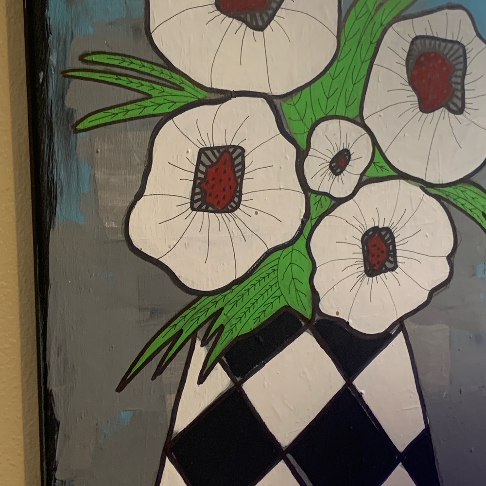 Bold Floral Painting with Checkered Vase art by me size 16 x 20
